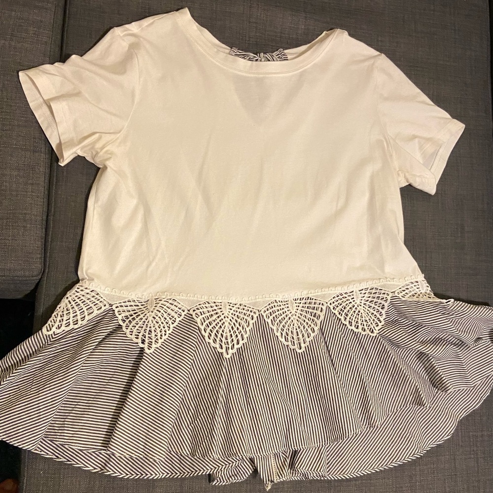 White & Navy Peplum Top